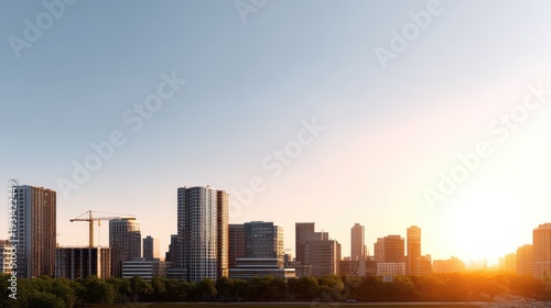 Urban skyline at sunrise with modern buildings and construction cranes reflecting warm light over a tranquil river in a bustling city landscape
