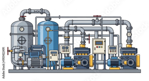 Industrial water purification system with pumps and tanks.