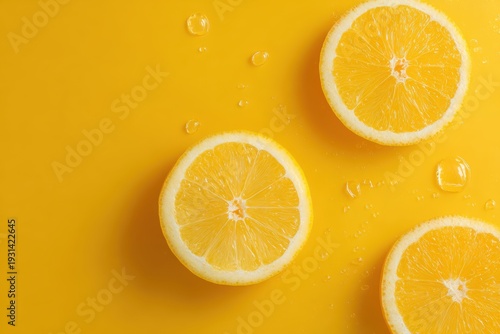 Bright yellow background with floating citrus slices and water drops, refreshing juice concept