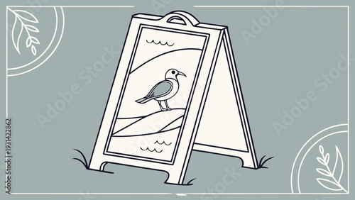 Handdrawn Aframe sign with a charming seagull illustration on a sandy beach.