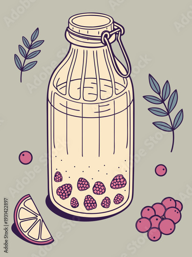 Handdrawn illustration of a glass bottle with berries and a lemon slice surrounded by leaves and cranberries on a light gray background.