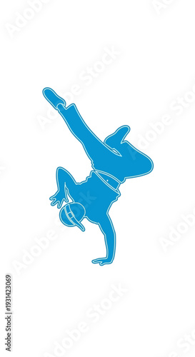 A blue silhouette of a person performing a handstand against a clean white background with a playful mood.
