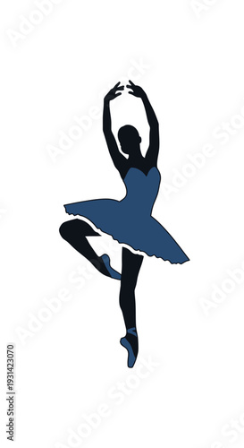 Silhouette of a ballet dancer in a blue dress standing on one leg with arms raised above her head against a white background.