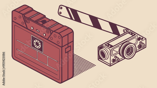 Isometric illustration of a vintage film camera and a film reel.