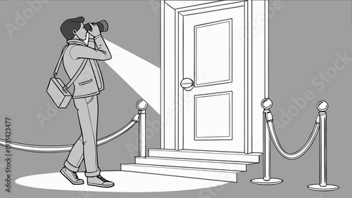 Paparazzi photographer taking pictures of a closed door with a spotlight.