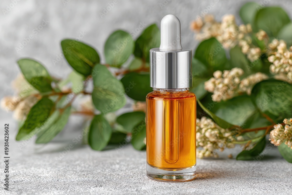 Fototapeta premium A bottle of golden serum with dropper surrounded by flowers and green leaves on a gray background, symbolizing natural beauty and wellness products.