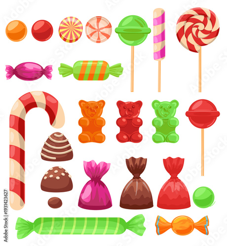 Set of bright sweets. Sweets, desserts, various chocolate candies, colorful lollipops. A collection of delicious, high-calorie food