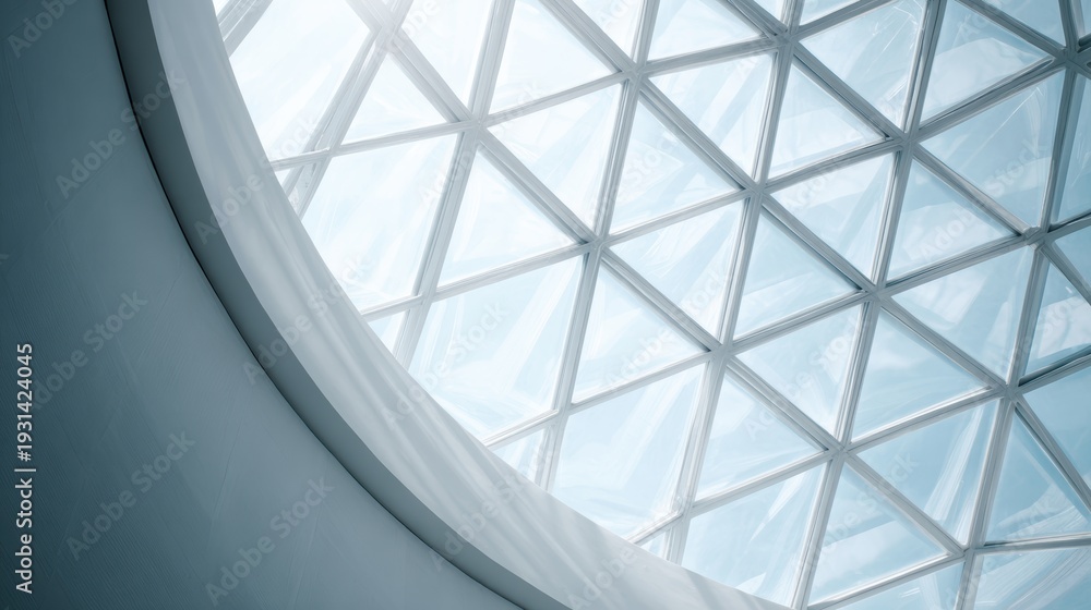 Fototapeta premium Looking up at a glass dome ceiling, geometric steel structure, bright natural light