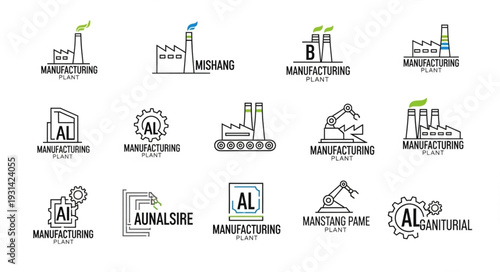 Collection of industrial factory logos and icons for manufacturing business.