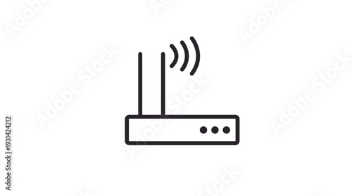 Clean black line vector icon of a wireless router with signal waves, representing WiFi, internet connection, networking, data transfer, and digital communication. Minimalist and modern design