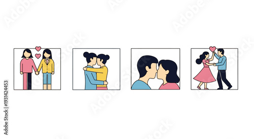 Couple embracing and dancing together in various tender moments, a heartwarming illustration series