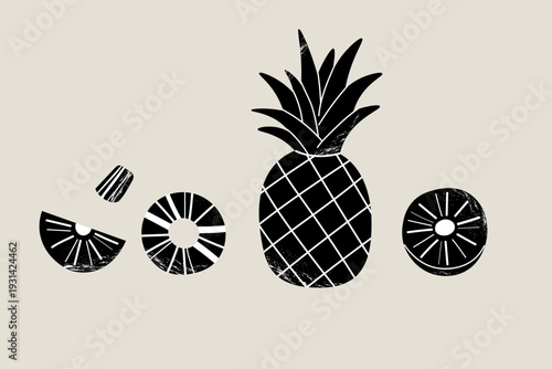 Pineapple linocut illustration. Black and white fruit with grainy texture. Vector fruity set on isolated background. Tropical fruit silhouette icons with slices and pieces. Summer, harvest