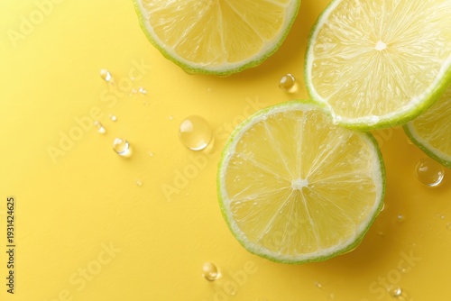 Bright yellow background with floating citrus slices and water drops, refreshing juice concept