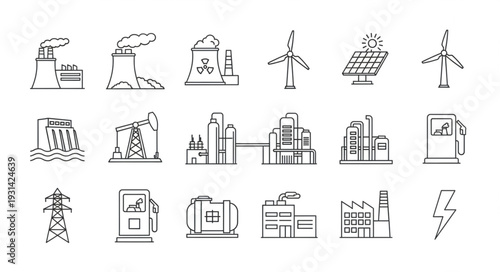 Collection of industrial and energy production icons in sketch style.