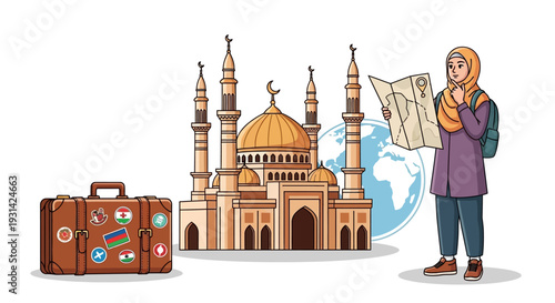 Woman tourist with suitcase standing near mosque holding map and traveling globally around the world