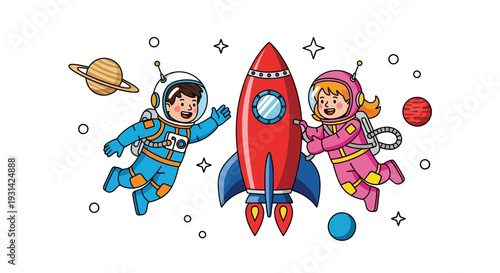 Astronauts and children floating near rocket ship in outer space scene illustration Whisk