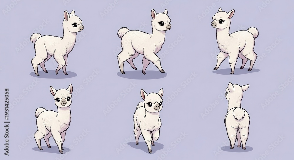 Naklejka premium Six different poses of a cute cartoon white baby animal set against a pale lavender background