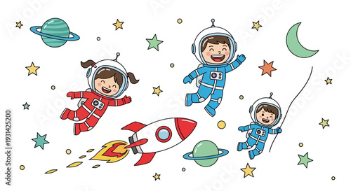 Astronauts floating in space with rocket ship and planets around them illustration