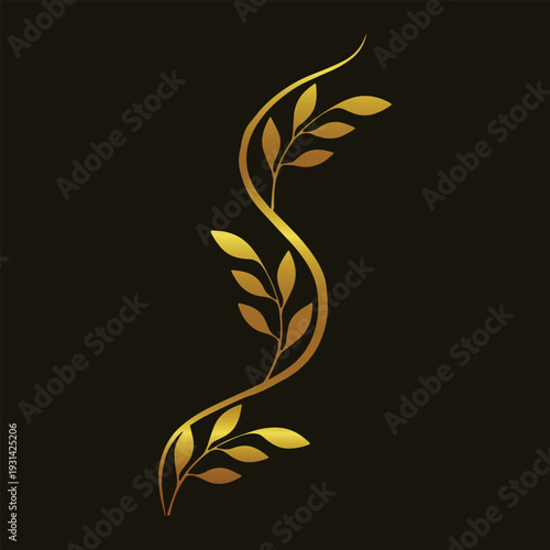 Golden vine. Botanical art. Luxury branch. Elegant leaves. Minimalist nature. Metallic floral. Organic design. Gold on black. Decorative stem. Wedding vector.