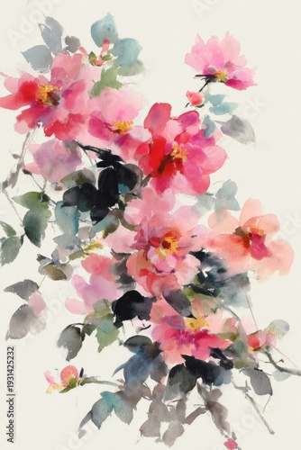 Watercolor pink rose flowers botanical illustration on light paper background