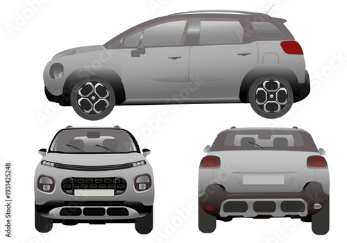 Voiture moderne de couleur grise vue de dos, de face et profil sur fond blanc