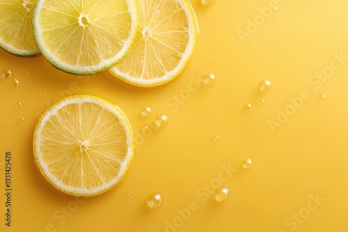 Bright yellow background with floating citrus slices and water drops, refreshing juice concept