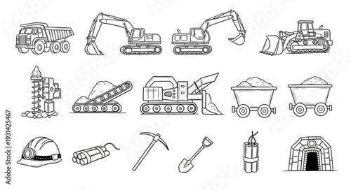 Mining Equipment and Tools Illustrations.