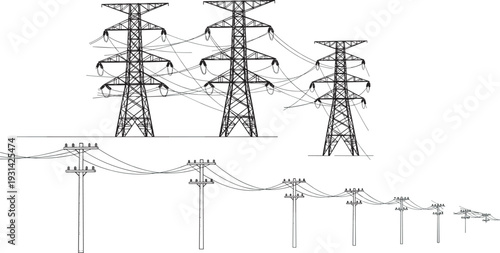 "Series of electrical transmission towers and utility poles illustrating power infrastructure, high-voltage lines, and local distribution system for energy, 