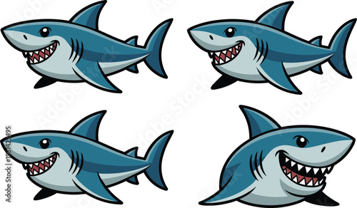 Four cartoon sharks with open mouths and sharp teeth swimming in different directions