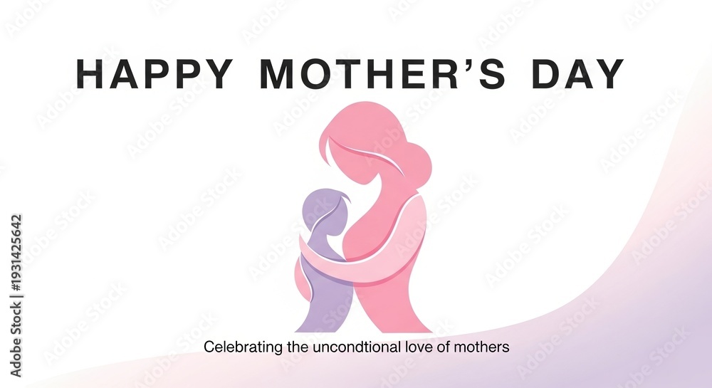 Fototapeta premium Happy Mother’s Day Minimalist Illustration of Loving Mother Holding Baby in Soft Pink Tones Celebrating Unconditional Love, Family Bond, and Maternal Care on Clean Background