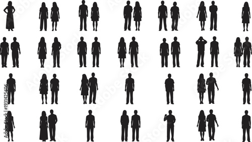 Grid of diverse human silhouettes in rows and columns, showing individuals and pairs with varied postures, clothing styles, and social interaction for demographic representation.