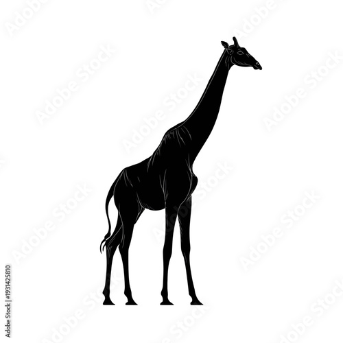 Silhouette of a tall giraffe standing isolated against a white background.