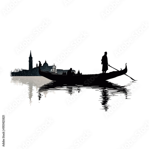 Silhouette of a gondola with passengers on the water in Venice, Italy.
