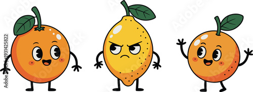 Three cartoon fruits with expressive faces standing together