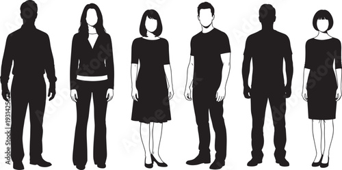 Row of six human figures alternating between detailed clothing outlines and plain silhouettes, illustrating identity, anonymity, fashion differences, and visual representation for design or study .
