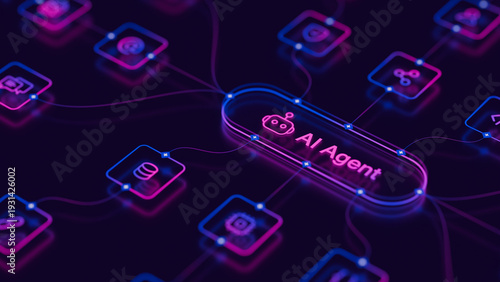 AI agentic workflow automation artificial intelligence agent software interface nodes triggers data tool dashboard coding icon flow process database technology 3d rendering.