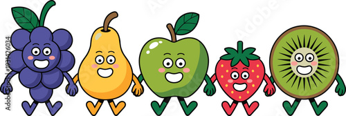 Colorful cartoon fruits with smiling faces standing in a row