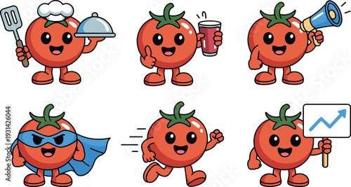 Red cartoon tomatoes in various professions and activities