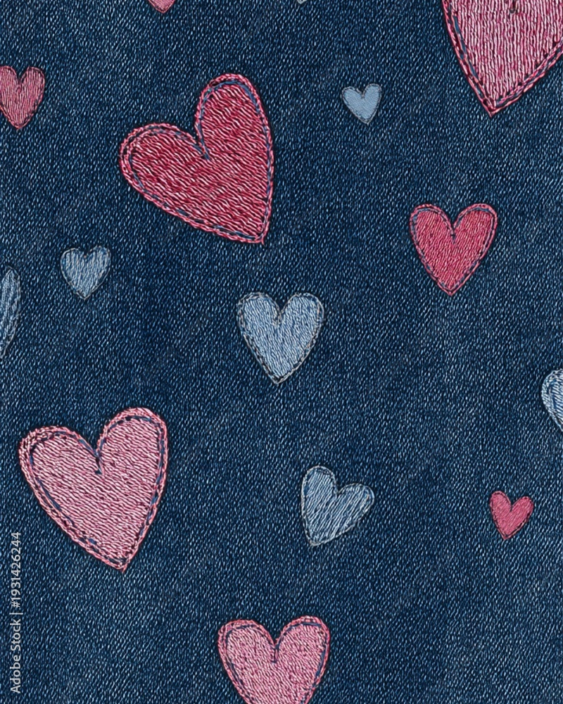 Obraz premium Heart embroidery on denim – romantic red and blue hearts for casual fashion embellishment
