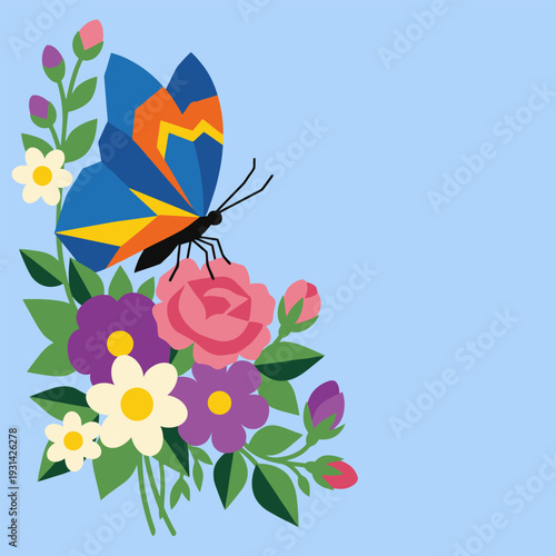 Butterfly on a Colorful Flower Bouquet Flat Vector Illustration