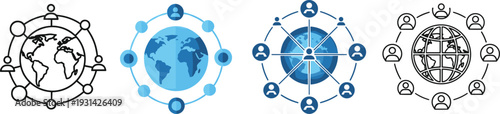 Global network connection illustration showing people icons around world map representing communication, teamwork, collaboration, and international connectivity