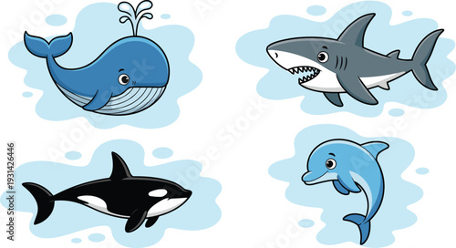 Four cartoon sea creatures swimming in blue water with bubbles