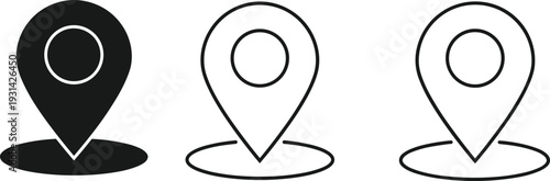 Location pin icon set in solid and outline styles representing map marker, navigation, GPS and place identification concepts