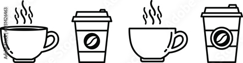 Minimal coffee cup and takeaway cup line icons set, hot beverage symbols, black outline vector illustration for cafe branding