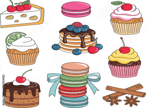 Sweet dessert collection with colorful cupcakes, macarons, pancakes and cherry cheesecake, delicious bakery vector illustration