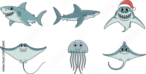 Six cartoon sea creatures including sharks and rays with one wearing a santa hat