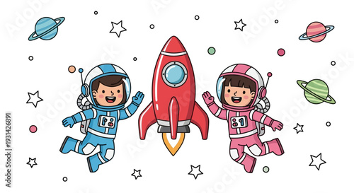 Children in space suits flying with rocket ship in outer space scene illustration