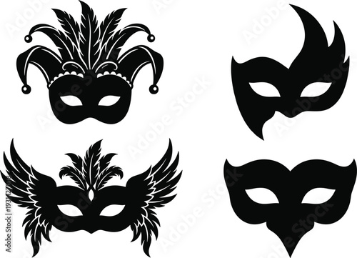 Four black and white masquerade masks with different jester mask
