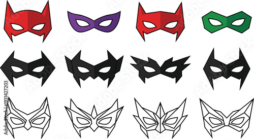 Colorful and black superhero masks in a grid layout purple