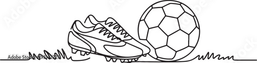 football boots and soccer ball on the grass field illustration. one line art icon drawing vector